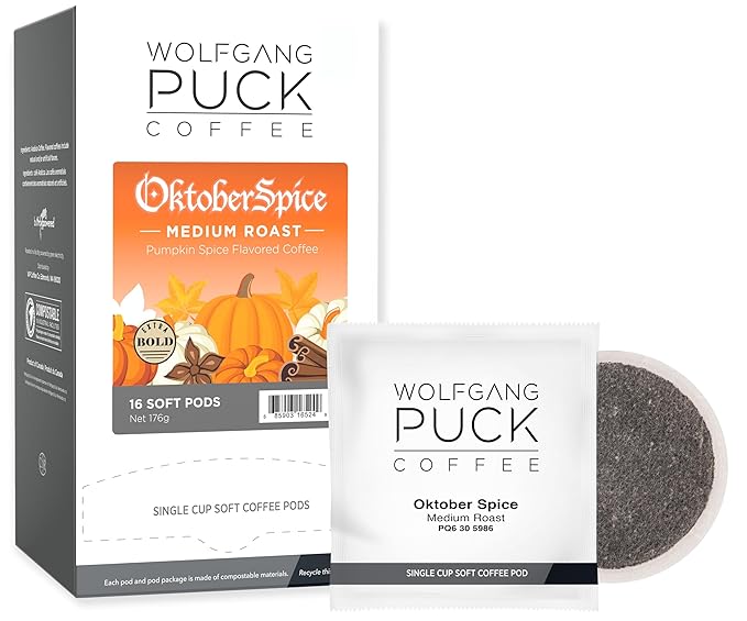 Wolfgang Puck Coffee, Oktober Spice, 12 Gram Soft Pods, 16 Count (Pack of 6)