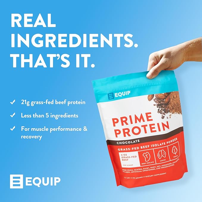 Equip Foods Prime Protein Powder | Clean, Grass Fed Beef Protein Powder | Carnivore Protein Isolate | Paleo, Keto Friendly | Gluten & Dairy Free | Helps Build & Repair Tissue | 30 Servings, Chocolate