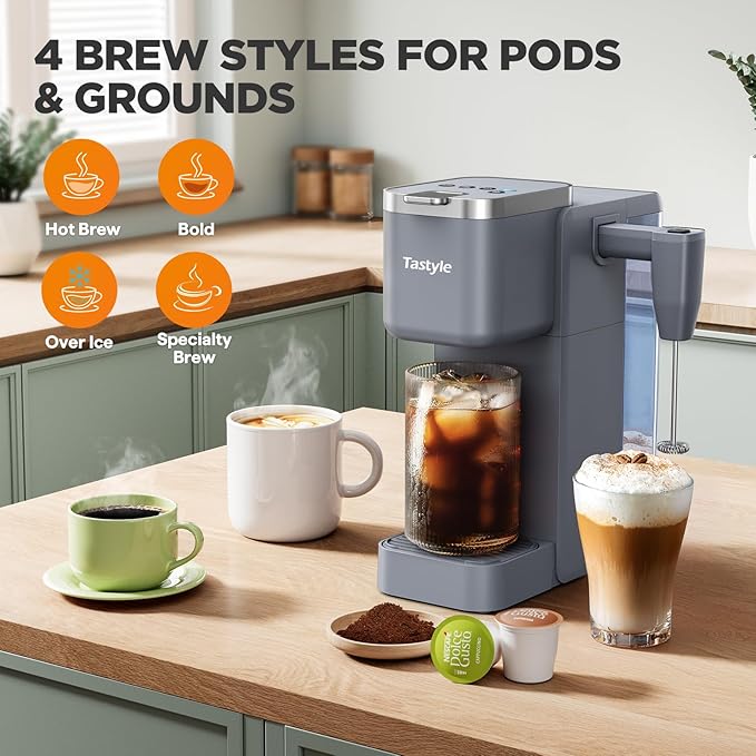 Single Serve Coffee Maker with Built-in Detachable Milk Frother, Iced and Hot Coffee Machine for K Cup & Grounds, 40oz Removable Water Reservoir, 6 Cup Sizes, Fits 7.3" Travel Mug, Gray