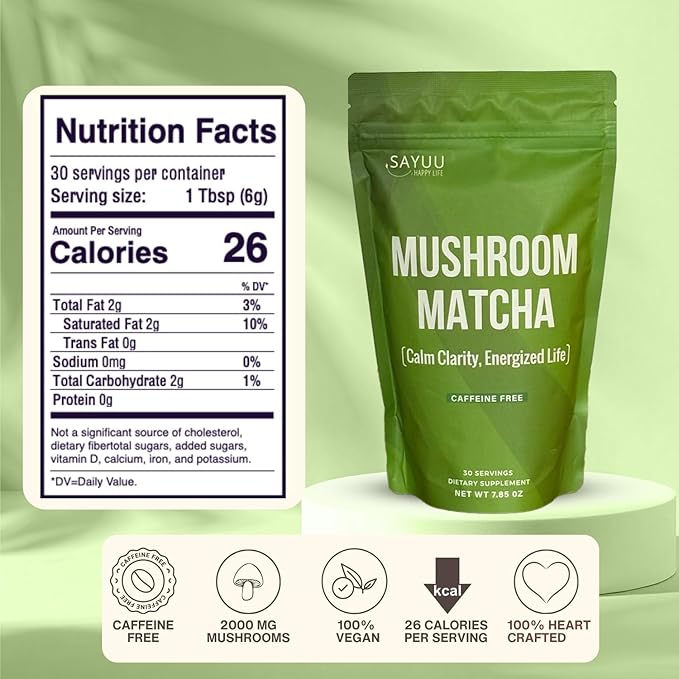 SAYUU Mushroom Matcha Coffee Powder – Instant coffee Blend with Functional Mushrooms for Calm Focus, Stamina, and Immune Support - 30 Servings