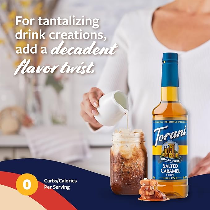 Torani Sugar Free Coffee Syrup, Salted Caramel Flavored Syrup for Drinks, Zero Calorie, Pump Included, 25.4 Fl Oz