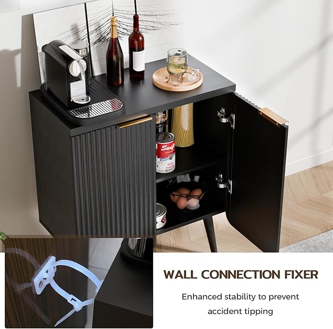 Sideboard Buffet Cabinet with Storage, Modern Fluted Accent Credenza with 2 Doors, Buffet Table Media Console Cabinet Entryway Cabinets for Living Room Kitchen Dining Room Hallway, Black
