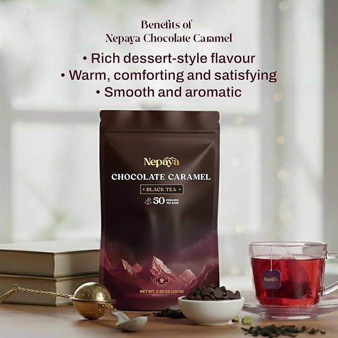 Chocolate Caramel Black Tea Bags, Dessert Inspired Blend with Caramel, Strawberry, Marshmallow & Cocoa – 50 Biodegradable Pyramid Bags, Individually Wrapped Black Tea with Strawberry Flavor