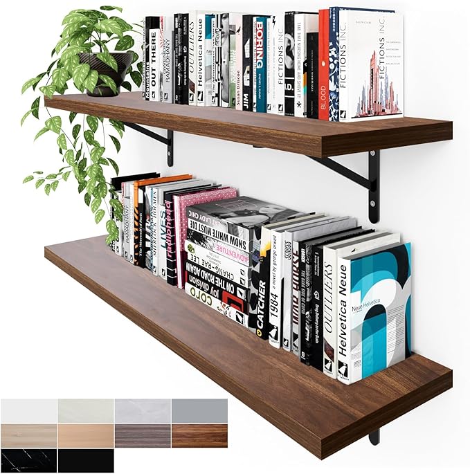 Kaboon 36 inch Long 10 inch Deep Floating Shelves for Wall Set of 2, Large Open Shelves Wall Mounted, Space Saving Home and Commercial Use, Walnut