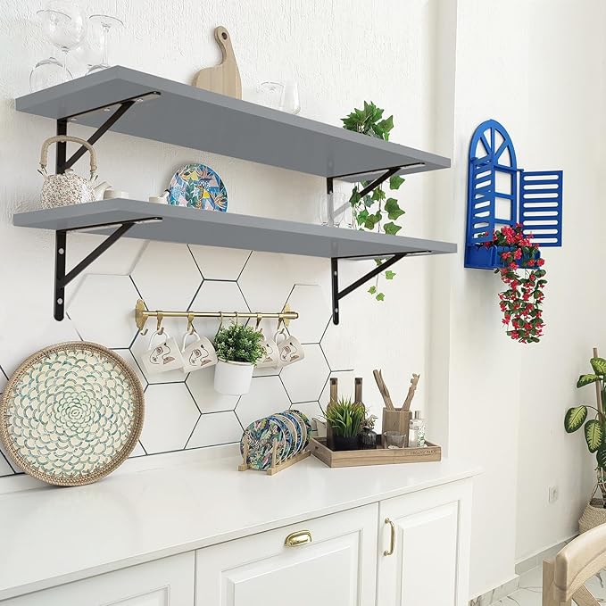 Kaboon 45 inch Long 10 inch Deep Floating Shelves for Wall Set of 2, Large Open Shelves Wall Mounted, Space Saving Home and Commercial Use, Gray