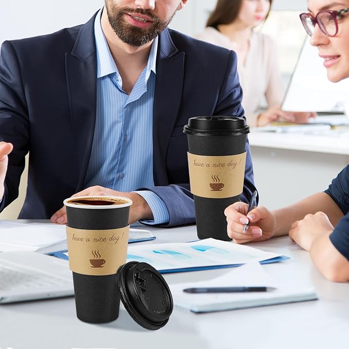 50 Pack 20 oz Coffee Cups with Lids, Disposable To Go Paper Coffee Cups with Sleeves and Stirring Sticks for Hot/Cold Drinks Office Home Shop Event (Black)