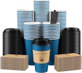 100 Pack 16 oz Coffee Cups with Lids, Disposable To Go Paper Coffee Cups with Sleeves and Stirring Sticks for Hot/Cold Drinks Office Home Shop Event (Navy)