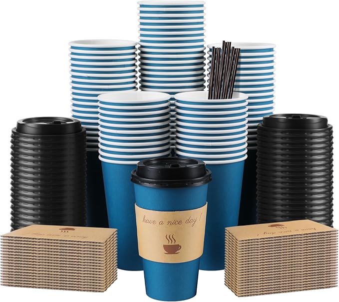 100 Pack 16 oz Coffee Cups with Lids, Disposable To Go Paper Coffee Cups with Sleeves and Stirring Sticks for Hot/Cold Drinks Office Home Shop Event (Navy)