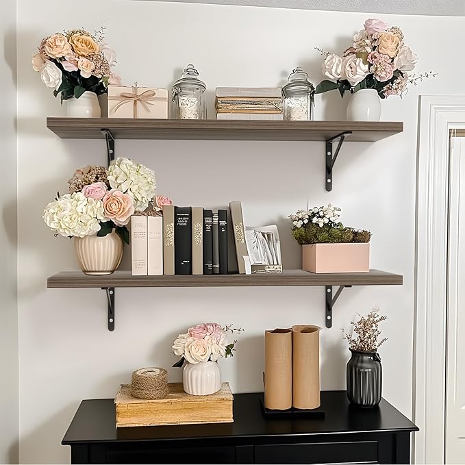 Kaboon 27 inch Long 10 inch Deep Floating Shelves for Wall Set of 2, Large Open Shelves Wall Mounted, Space Saving Home and Commercial Use, Eucalyptus