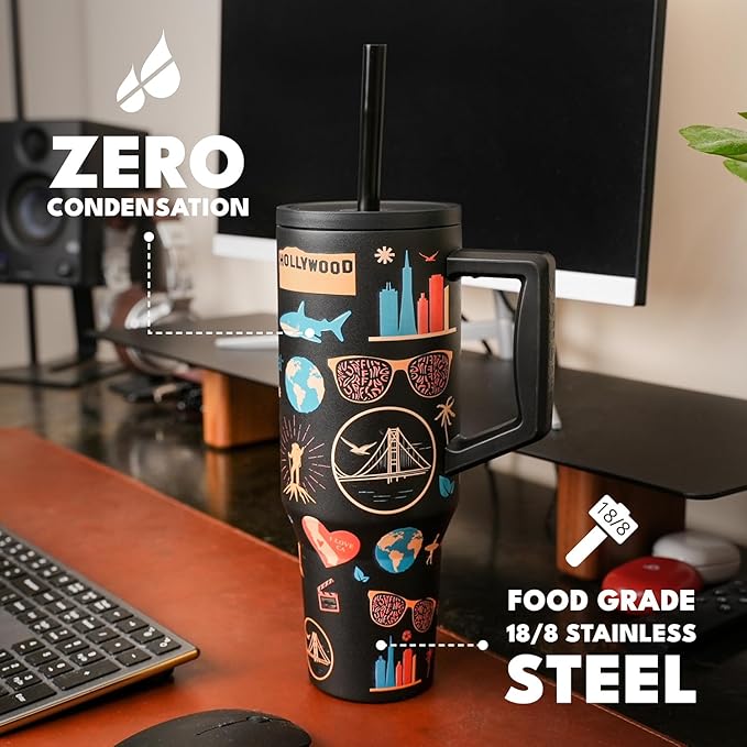 Elemental 40 oz Tumbler with Handle and Straw - Spill Proof Insulated Stainless Steel Commuter for Hot and Cold Beverages - Travel Coffee Mug with 2 Straws & Spill Proof Lid - 40oz-California Dreaming