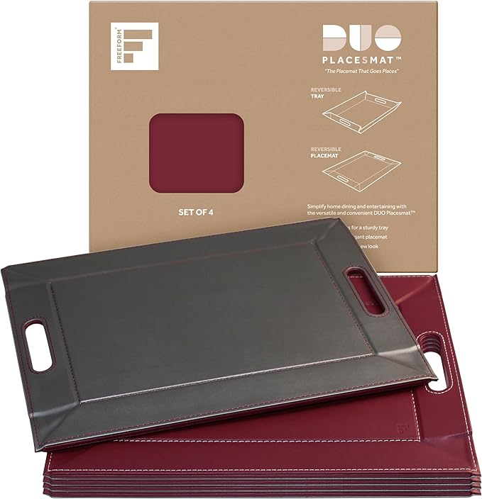 PLACEsMAT 2-in-1 Faux Leather Placemat & Serving Tray | Reversible Design, Lays Flat & Easy to Clean | Ottoman Food Tray, Perfect Housewarming Gift, 18” x 14” (Burgundy & Gunmetal, Set of 4)