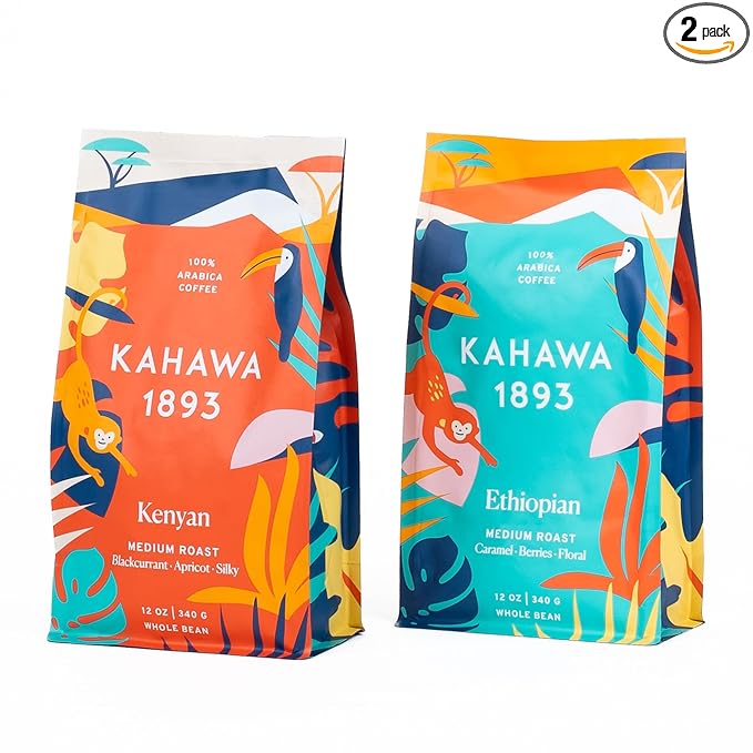Kahawa 1893 Whole Bean Coffee Combo Pack Kenyan & Ethiopian Blend (12 Oz x 2) - As Seen on Shark Tank, High Antioxidants, Naturally Sweet, Organically Grown, Ethically & Sustainably Sourced