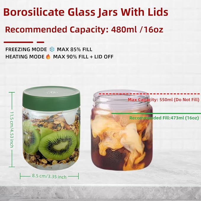 16oz Borosilicate Glass Jars with Lids - Freezer to Oven Safe (-4°F to 446°F), Airtight Meal Prep Containers for Overnight Oats, Snacks, Coffee, Microwave & Dishwasher Safe (4pack)