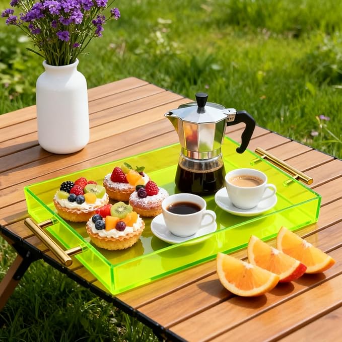 Acrylic Serving Tray with Handles Large Ottoman Food Decorative Tray for Coffee Table Tea Fruit Snack Kitchen Bar Platter, 17x13’’, Neon Green
