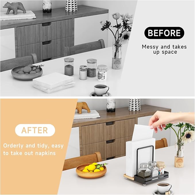 Napkin Holder, Wood Metal Napkin Holder for Table with Salt and Pepper Shakers Caddy, Standing Paper Napkin Dispenser for Kitchen Dining Countertop Decor, Wood & Metal Base, Black