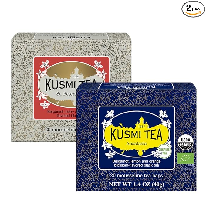 Kusmi Tea - Pack of 2 Boxes of Tea Bags - Anastasia + St. Petersburg - Organic Black Tea with Bergamot + Organic Black Tea with Red Fruits, Caramel, Vanilla and Bergamot - 2x20 Tea Bags