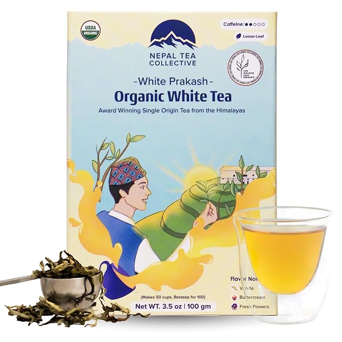 NEPAL TEA Organic White Tea Loose Leaf - USDA Certified Organic from a Family Farm in the Himalayas - Award-Winning Premium Tea Leaves to Enjoy Hot or Cold – 3.5oz /100g (White Prakash)