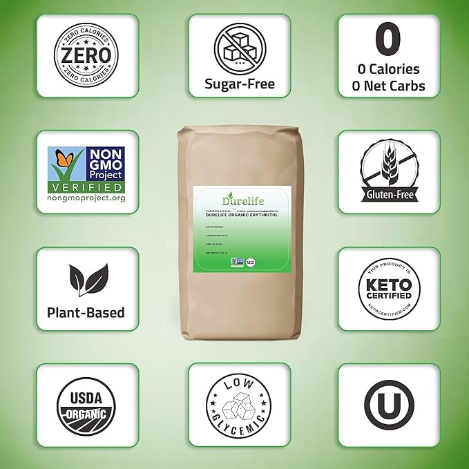 Durelife USDA organic erythritol sweetener, non gmo verified, Keto certified, No After Taste, Kosher, Zero Calorie Plant-Based Sugar Alternative 55 LB, Bulk Bag 880 oz