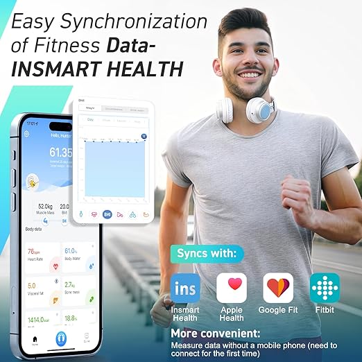INSMART Smart Scale for Body Weight, Large Display Body Fat Scale, Accurate Weight Scale Digital Bluetooth Bathroom Scale for BMI Heart Rate, 18 Body Composition Analyzer with Fitness APP Sync, 500lbs
