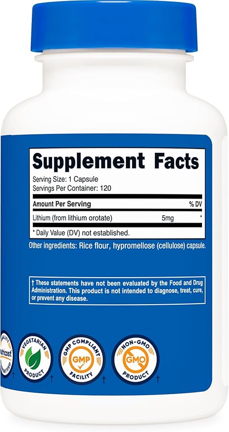 Nutricost Lithium Orotate 5mg, 120 Capsules - Veggie Caps, Non-GMO, Gluten Free (Pack of 2)