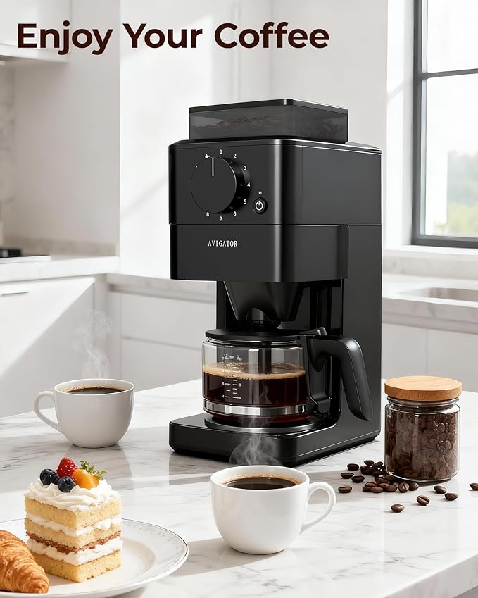 10 Cup Coffee Maker with Grinder Built in, Automatic Grind and Brew Coffee Machine with Glass carafe, Reusable Filter, Auto shut off, Warming plate, for Home Offices or Large Families, Black