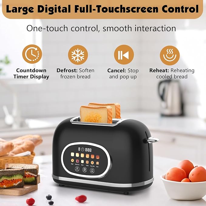 Digital 2-Slice Toaster with Touch Screen - 1.5'' Wide Slots, 6 Browning Levels, 6 Modes (Bagel/Waffle/Muffin) & 3 Functions (Defrost/Reheat/Cancel) + Countdown Timer, Matte Black Retro