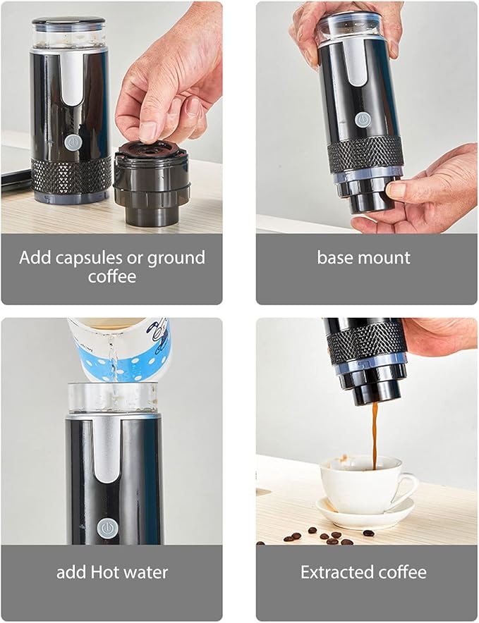 Portable Coffee Machine, Compact and Rechargeable, Extracts Delicious Pure Coffee, Compatible for Capsules and Ground Coffee, Easy to Use for Travel and More