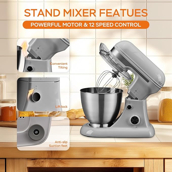 4.8QT Stand Mixer, 12-Speed Electric Kitchen Mixer with Tilt-Head, Stainless Steel Bowl, Egg Whisk, Dough Hook & Beater – Lightweight, Compact for Small Kitchens,Light Gray