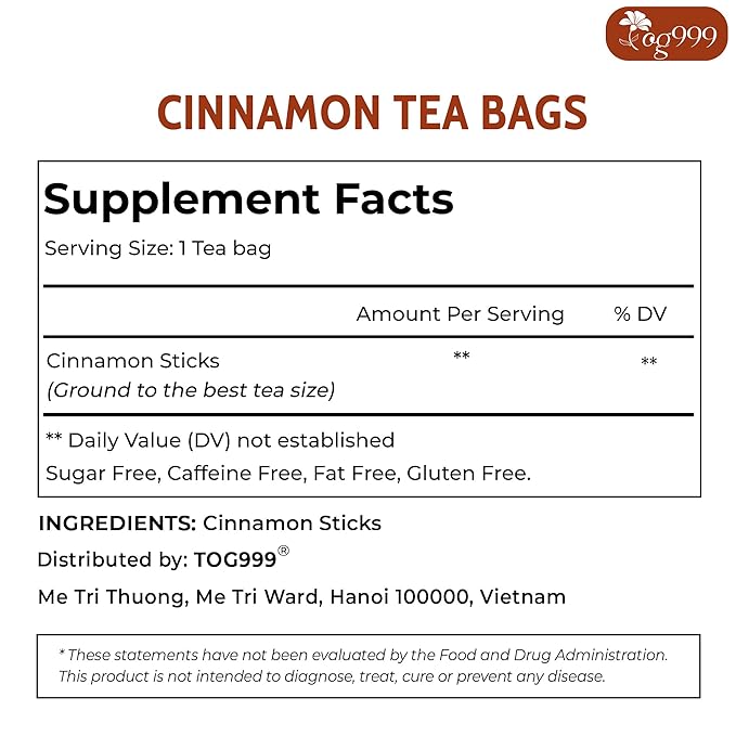TOG999, Premium 135 Tea Bags - Special Cinnamon Tea, 100% Natural & Pure. Cinnamon Stick Herbal Spice Tea. No Sugar, No Caffeine, No Gluten, Vegan.