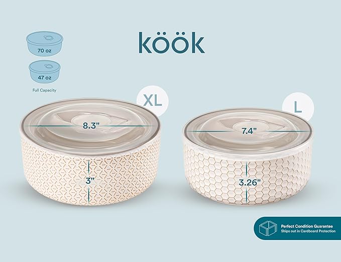 KooK Mixing Bowls, with Lids, Ceramic Nesting Bowls. Space Saving, Set of 4, Embossed, Kitchen, Prep, Stackable, Mix, Gift, Microwave and Dishwasher Safe, 16/29/47/70 oz, Narbonne Collection (Ivory)