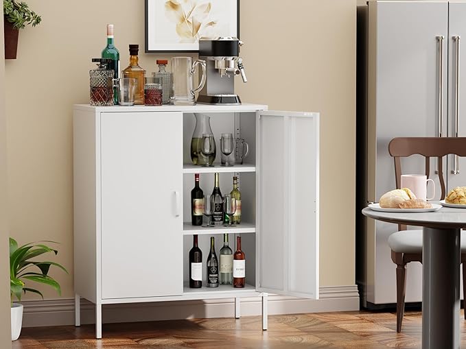 White Metal Storage Cabinet,Metal Locker Storage Cabinet with 2 Doors and Shelves,Kitchen Pantry Cabinet,Modern Storage Freestanding Organizer Rust for Home,Kitchen,Office