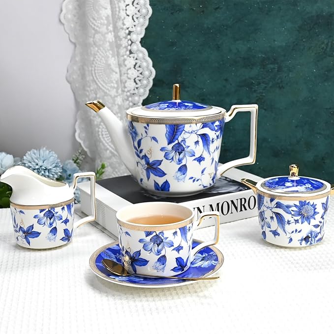 Bone China Tea Cup and Saucer Set, Bone China Coffee Cups and Saucers, Vintage Blue and White TeaCups snd Saucers Gift for Mom Friend Tea Party (dark blue)