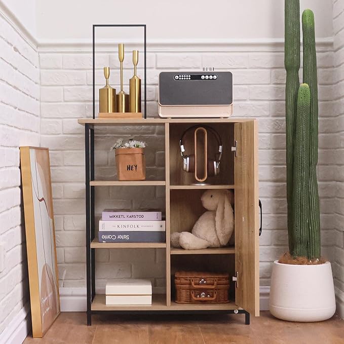 ALBAD Boho Sideboard Buffet Cabinet with 3 Tier Storage Shelves and Rattan Doors Rustic Farmhouse Coffee Bar Console Table for Living Room, Kitchen, Dining Room, Home Entryway