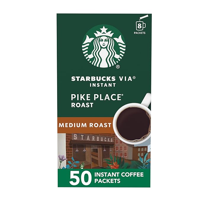 Starbucks VIA Instant Coffee, Medium Roast Coffee, Pike Place Roast, 100% Arabica, Single-Serve, 1 Box (50 Packets)
