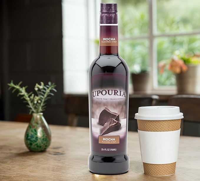 Upouria Mocha Coffee Syrup Flavoring, 100% Vegan, Gluten-Free, Kosher, 750 mL Bottle (Pack of 4) with 2 Syrup Pumps