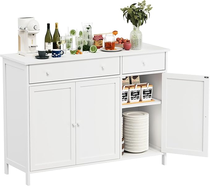 Crownland 44" Sideboard Buffet Cabinet with 2 Drawers, 3-Door Kitchen Storage Cabinet with Adjustable Shelves, Modern Farmhouse Sideboard, Coffee Bar for Dining Living Room(White)