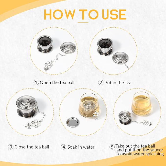 3 Sets Tea Infusers Steeper for Loose Leaf Tea Holder Stainless Steel Tea Ball Mesh Strainer Filters with Drip Trays and Pendant(Bee Style)