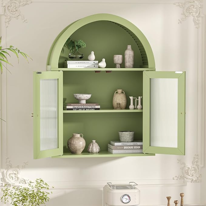 Bathroom Wall Cabinet, Arched Cabinet Wall Mount, 2 Acrylic Doors, 1 Adjustable and Removable Shelf, for Laundry Room, Living Room, Restroom, Kitchen, Green