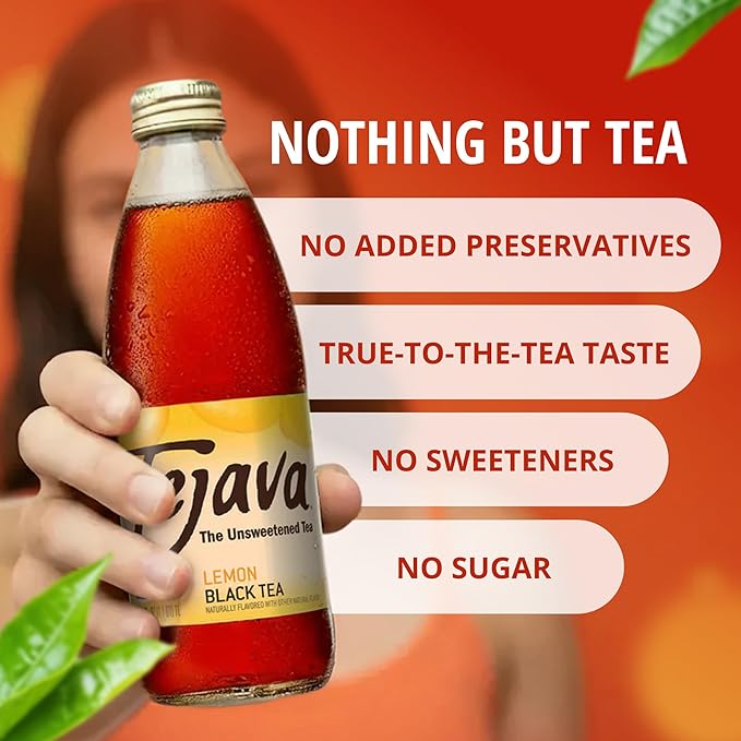 Tejava Lemon Black Iced Tea, 4 Pack, 12oz Glass Bottles, Unsweetened, Non-GMO, Kosher, No Sugar or Sweeteners, No calories, No Preservatives, Brewed in Small Batches