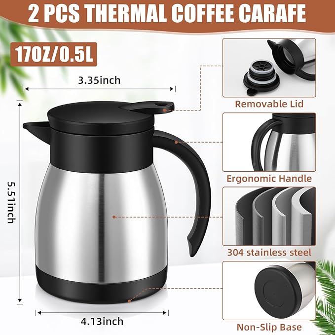 Uiifan 2 Pcs 17 Oz Thermal Coffee Carafe Stainless Steel Insulated Vacuum Coffee Carafes Double Walled Vacuum Thermal Pot Flask with Brushes for Keeping Cold Hot Tea Water Milk Home Office (Silver)