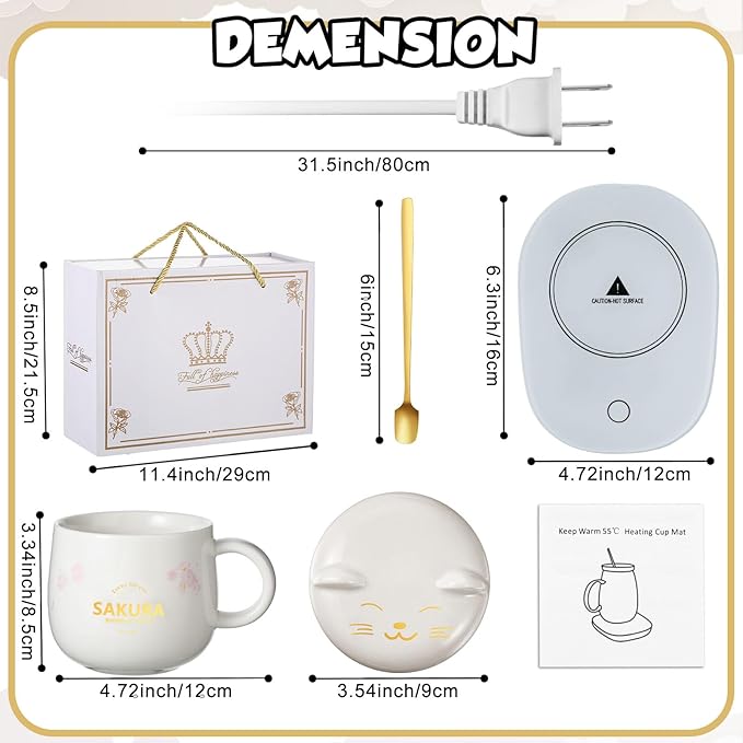 Honeydak Coffee Cup Warmer Coffee Warmer with Mug for Women Electric Coffee Mug Heater Temperature Control Ceramic Cute Cat Smart Coffee Warmer for Office Desk Home Christmas Birthday Gift (White)
