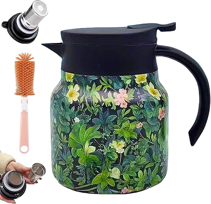 Vintage Floral Pattern Teapot – Built-In Infuser, 800ML/1000ML Heatproof Stainless Steel Teapot with Lid for Hot Drinks (Green, 800ml-Plastic handle)