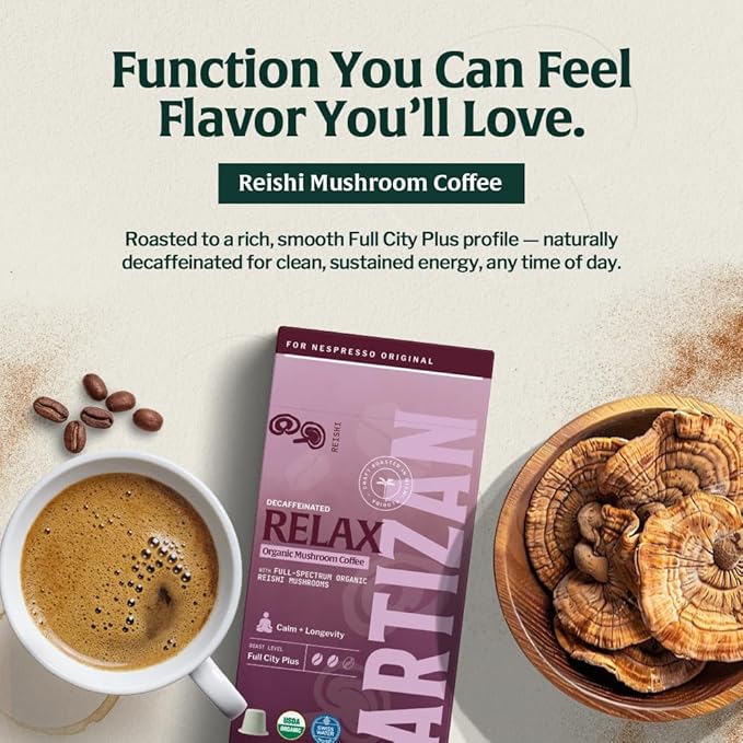 Artizan Organic Reishi Mushroom Coffee Pods for Nespresso Original Line | Decaffeinated | Calm + Longevity | 20 Compostable Espresso Capsules