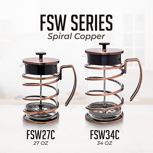 OVENTE French Press Coffee Maker 27 Ounce with Heat Resistant Borosilicate Glass, Stainless Steel Design and 4-Level Filter System, Portable Cold Brewer Pot for Travel, Camping or Gift, Copper FSW27C