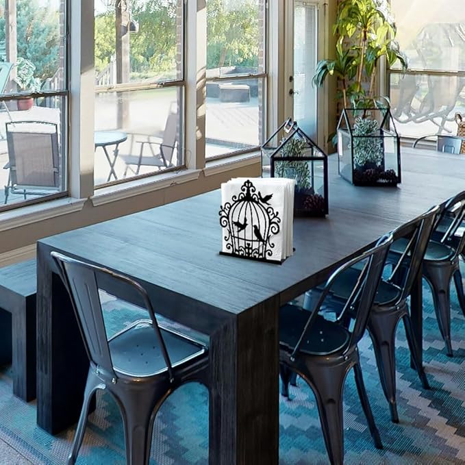 Birdcage and Bird Decorative Black Metal Napkin Holder for Table, 4.9" x 5.3" x 1.9" Birdcage and Bird Standing Napkin Holder for Home Kitchen Restaurant Picnic Party Coffee Bar Room
