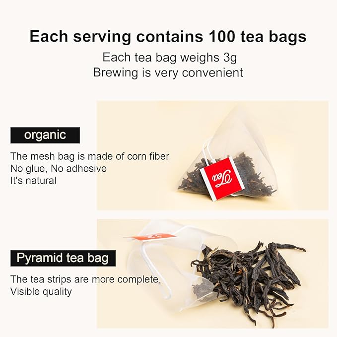 XIHETANK Black Tea Bags - 100 Count Individually Wrapped for Fresh & Smooth Taste. Ancient Tree Chinese Black Tea for Hot or Iced Brewing. Bulk Sweetness & 100% Natural Breakfast Tea Bags.