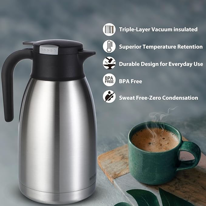 Heritage66 2L Thermal Coffee Carafe with Cleaning Brush – Triple-Wall Vacuum Insulated Stainless Steel Dispenser, 12h Hot / 24h Cold, Wide-Mouth Coffee & Tea Server
