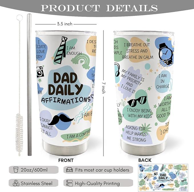 Dad Daily Affirmations 20oz Travel Coffee Mug Tumbler, New Dad Father Daddy Gifts for Christmas from Daughters Sons, Dad Birthday Gifts,Fathers Day Stainless Steel Tumbler with Lid and Straw