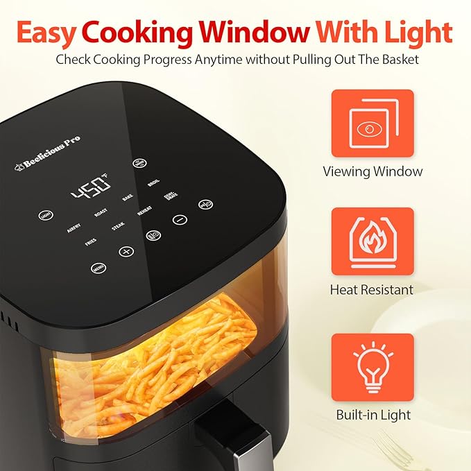 Air Fryer, Beelicious 8-in-1 Smart Compact 4QT Air Fryers with Viewing Window, Shake Reminder, 450°F Digital Airfryer with Flavor-Lock Tech, Dishwasher-Safe & Nonstick, Fit for 1-3 People, Black