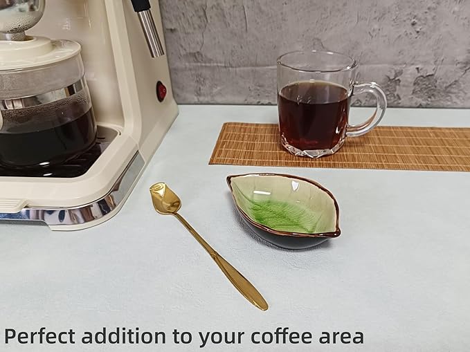Coffee Spoon and Rest for Coffee Bar Accessories, Ice Cracks Leaf Small Spoon Rest for Coffee Station, Tea Spoon Rest Tea Spoon Holder Teaspoon Rest, 1 PC (Ice Cracks Grass green with Gold Rose Spoon)